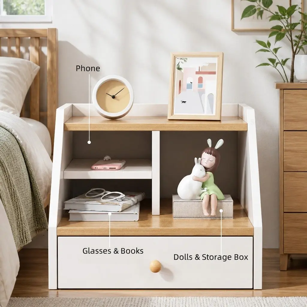 Bedside Table White 1 Drawer Open Shelves Nordic Style