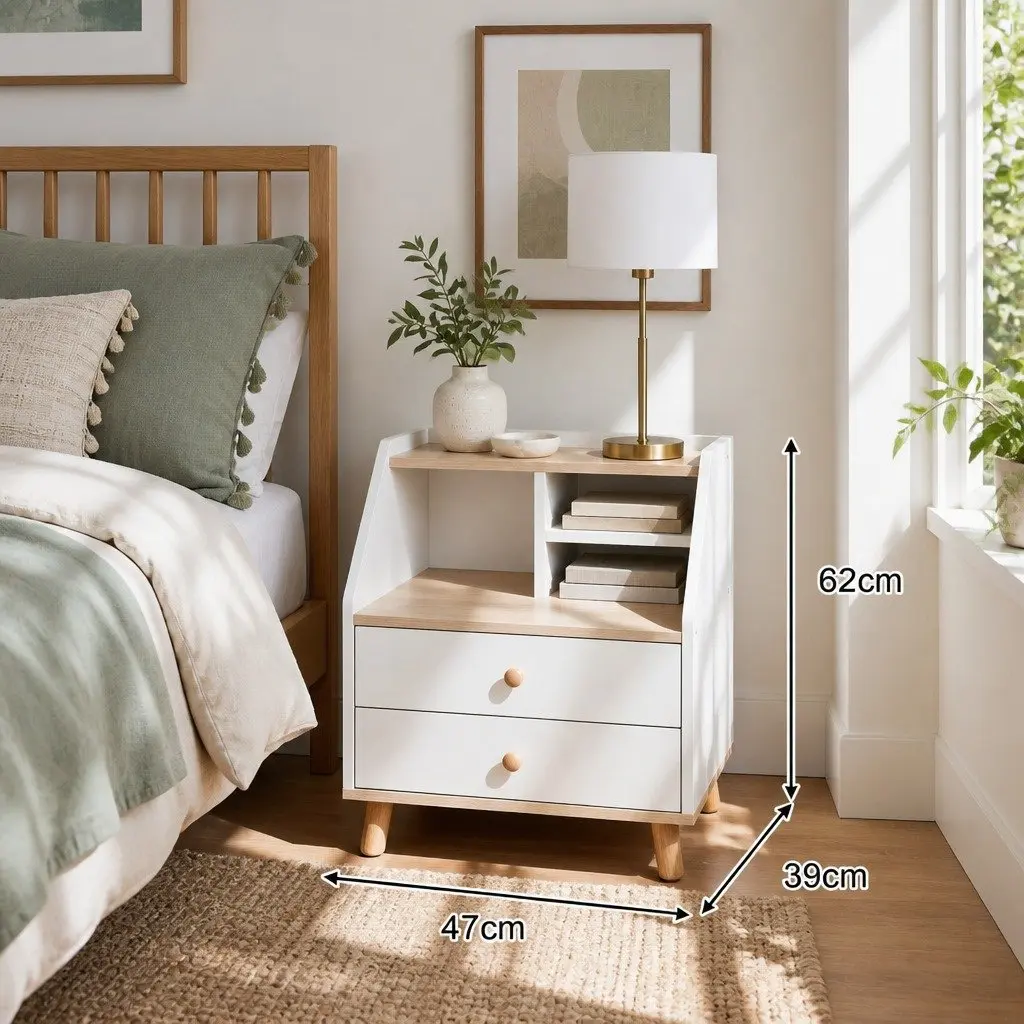 Bedside Table White 47 cm 2 Drawers Open Storage