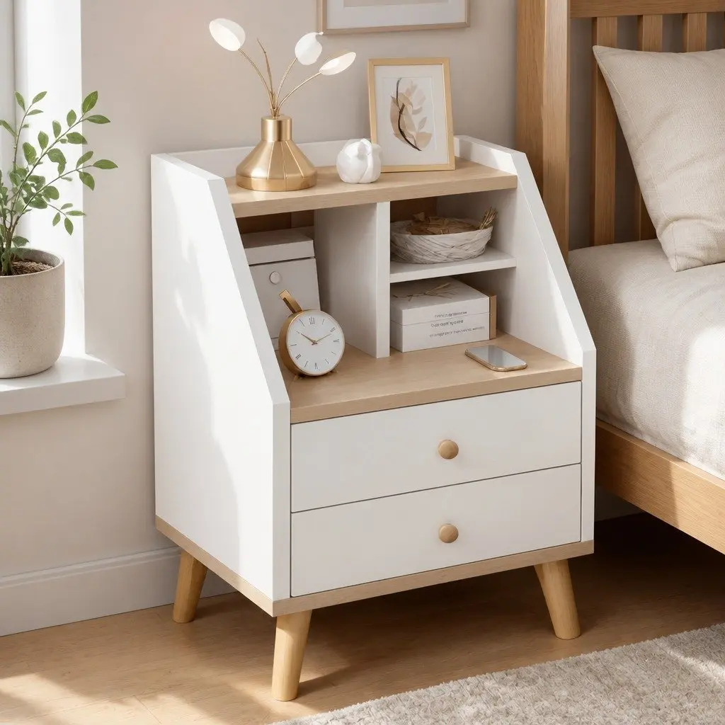 Bedside Table White 47 cm 2 Drawers Open Storage