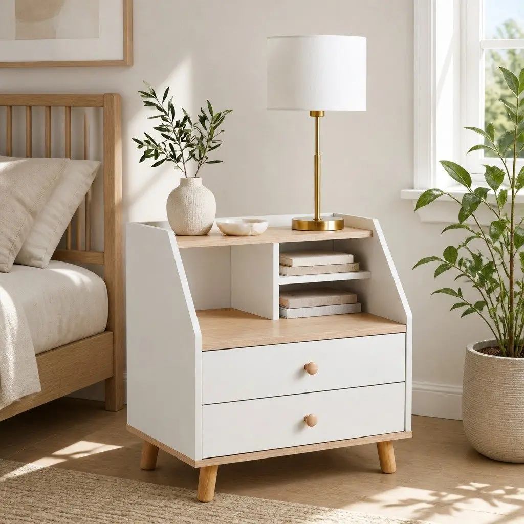 Bedside Table White 47 cm 2 Drawers Open Storage
