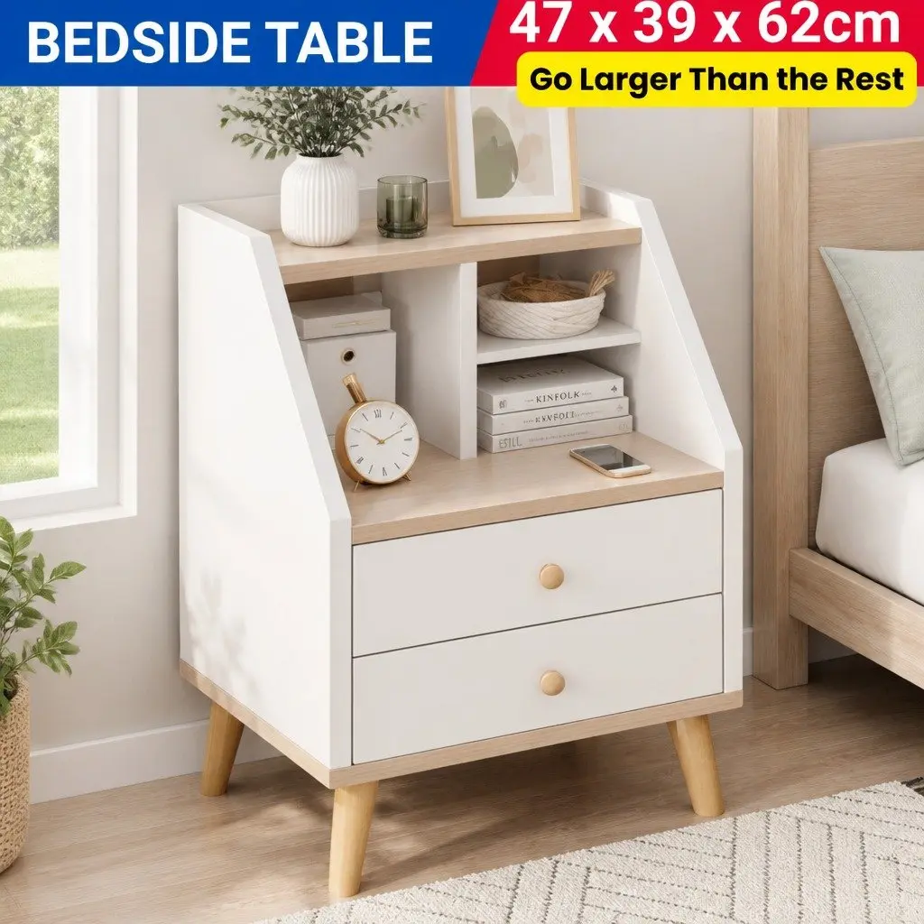 Bedside Table White 47 cm 2 Drawers Open Storage
