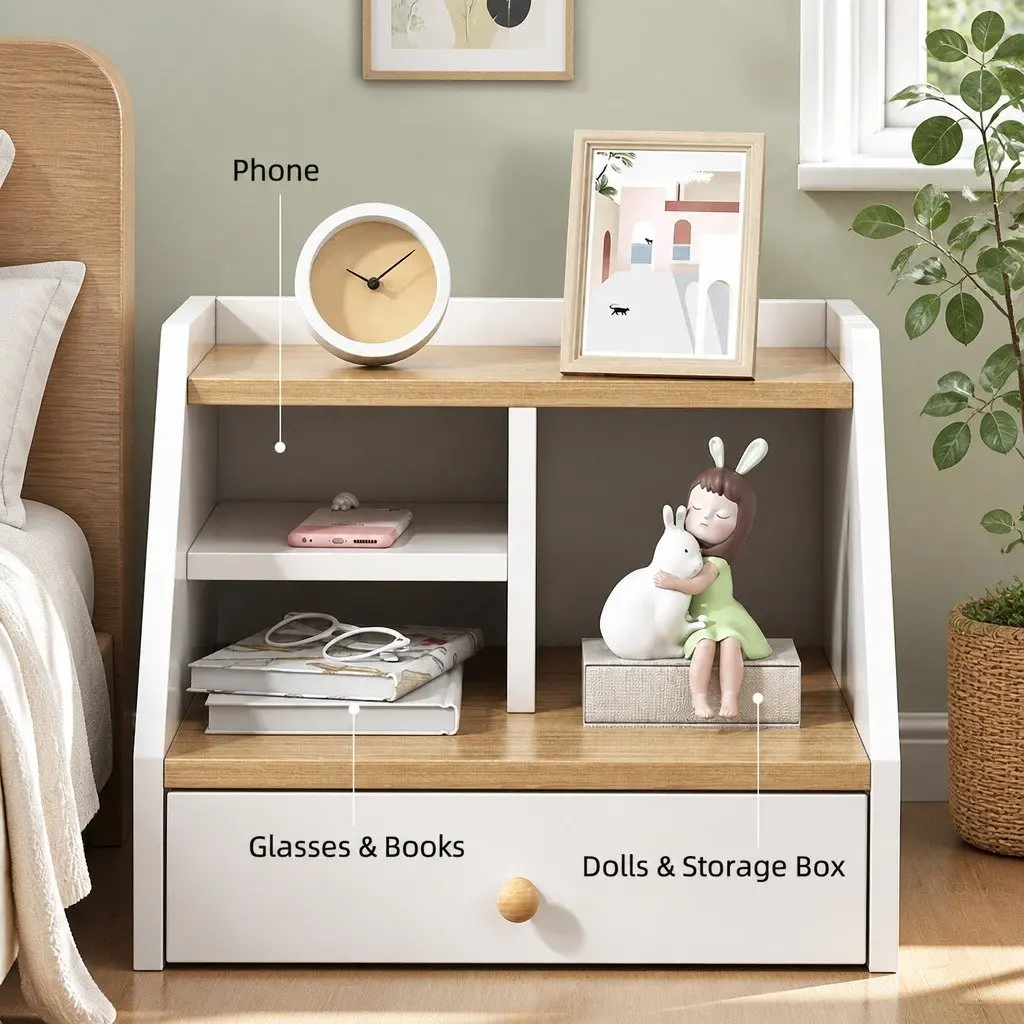 Bedside Table White 47 cm 2 Drawers Open Storage
