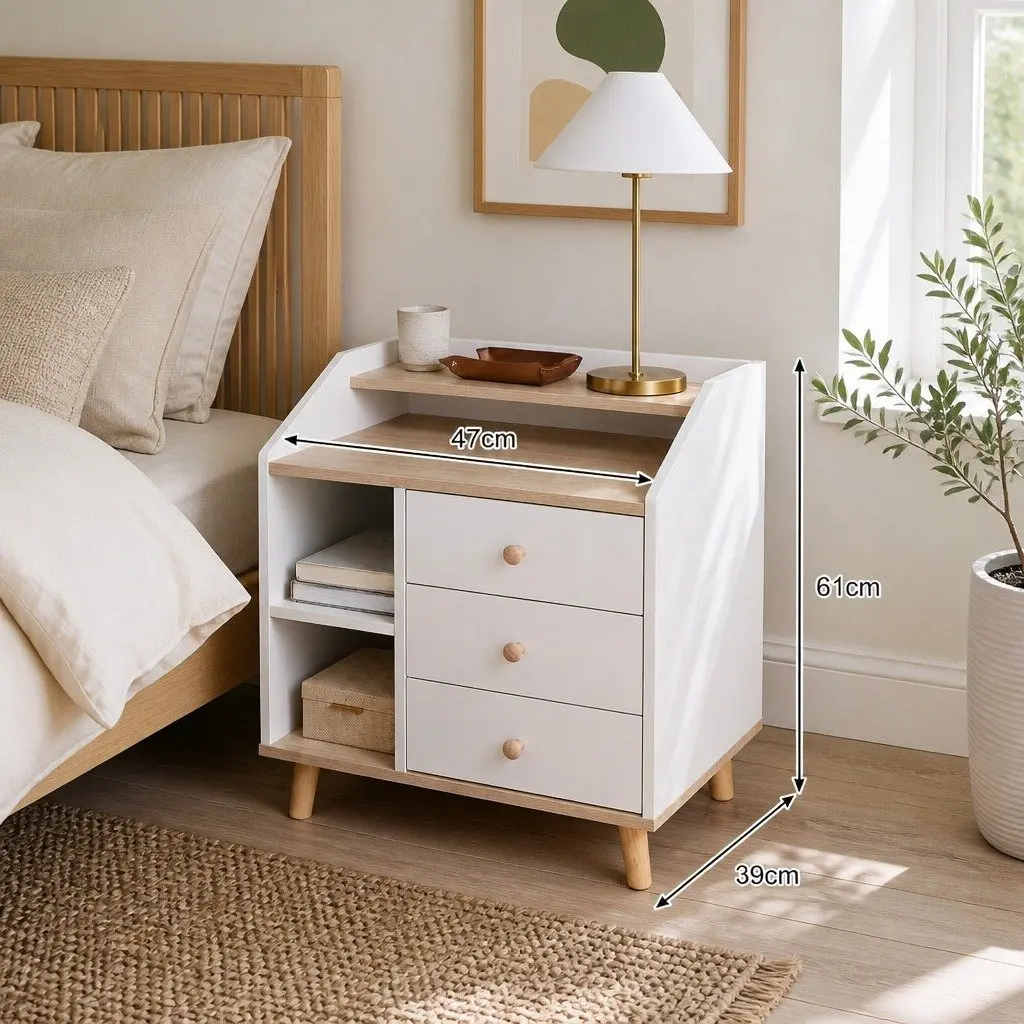 Bedside Table White 67cm 3 Drawers Open Tray