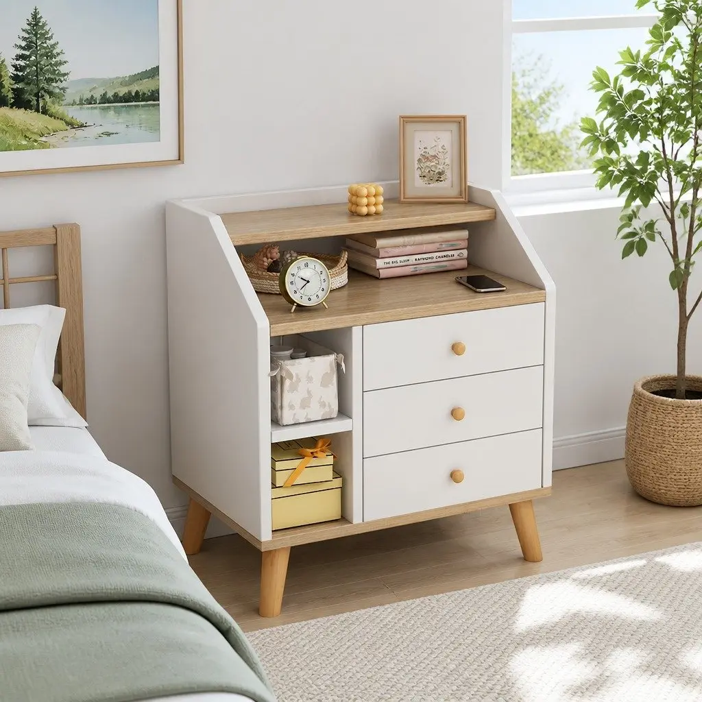 Bedside Table White 67cm 3 Drawers Open Tray