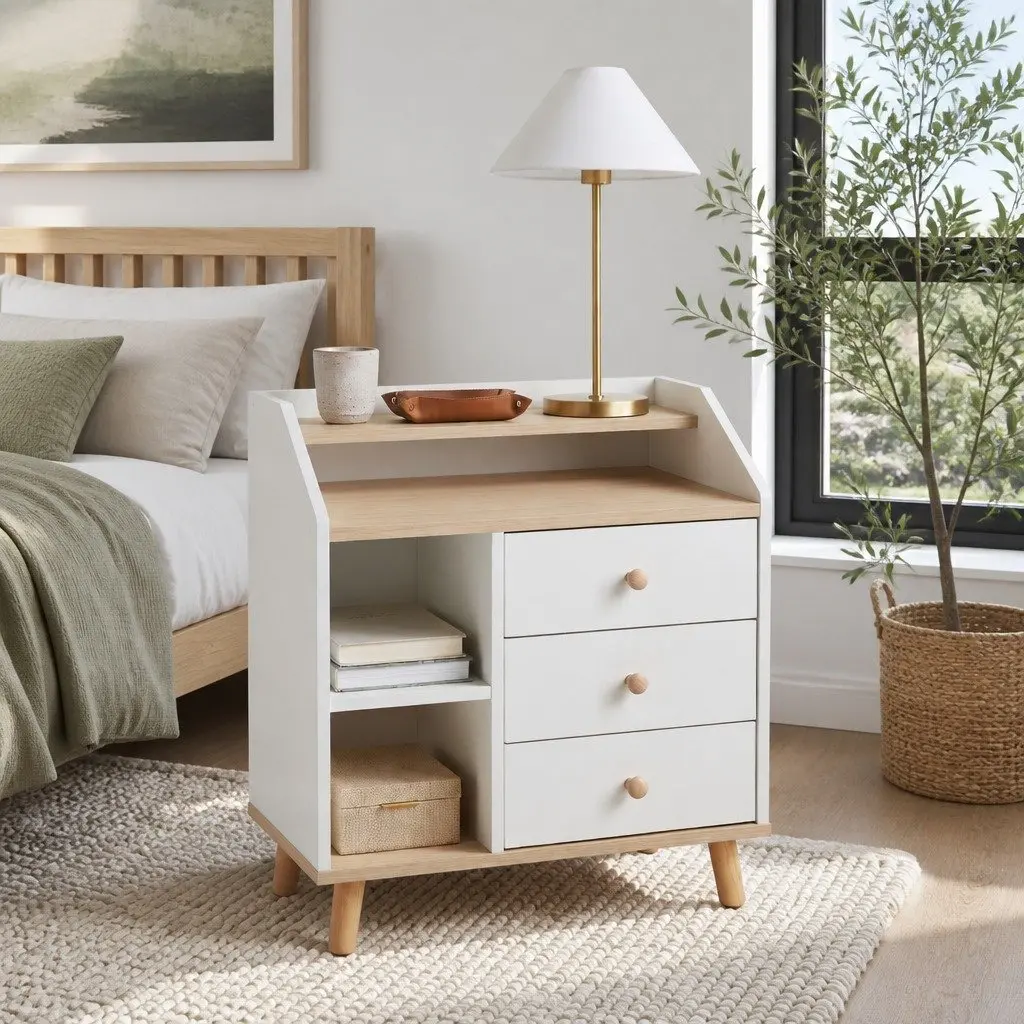 Bedside Table White 67cm 3 Drawers Open Tray