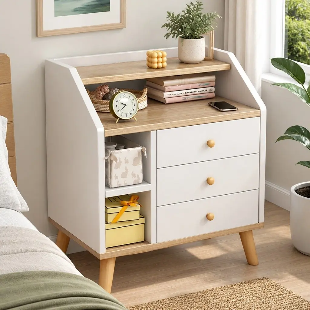 Bedside Table White 67cm 3 Drawers Open Tray