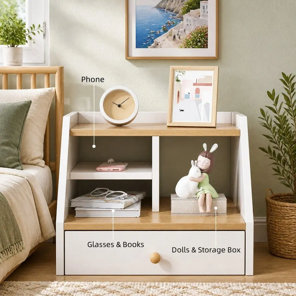 Bedside Table White 67cm 3 Drawers Open Tray