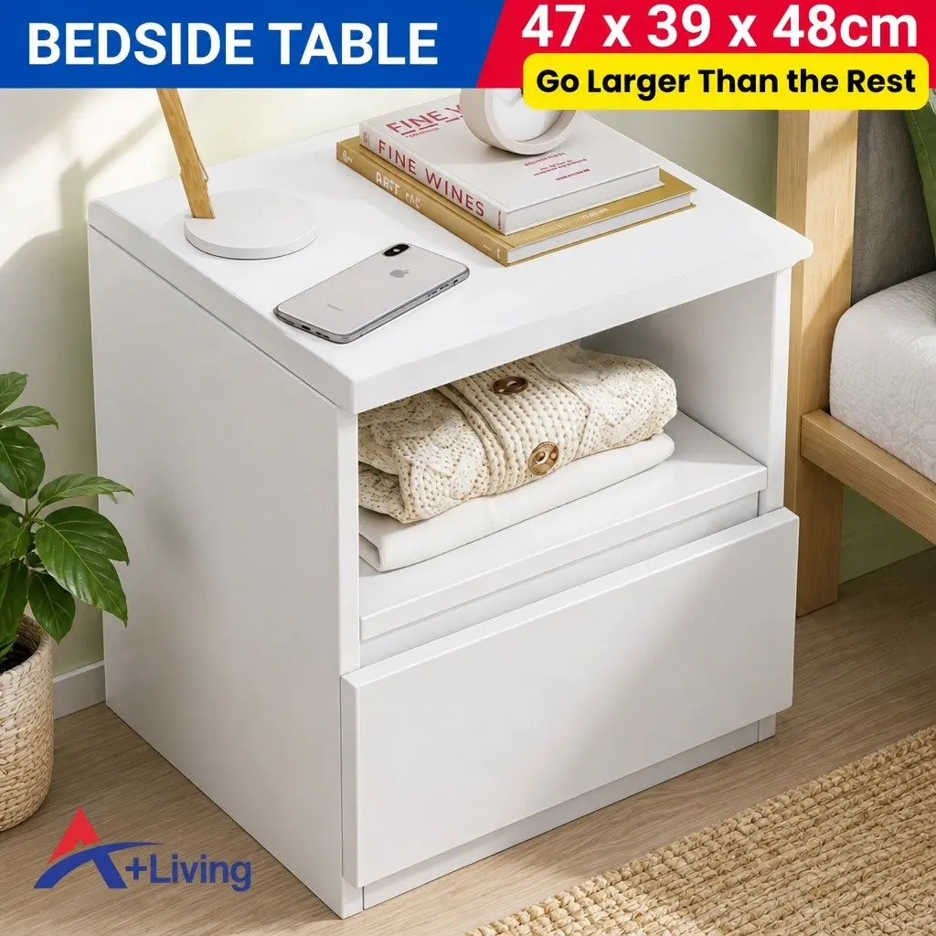 Compact Bedside Table Nightstand in Warm White with Drawer and Shelf 47cm