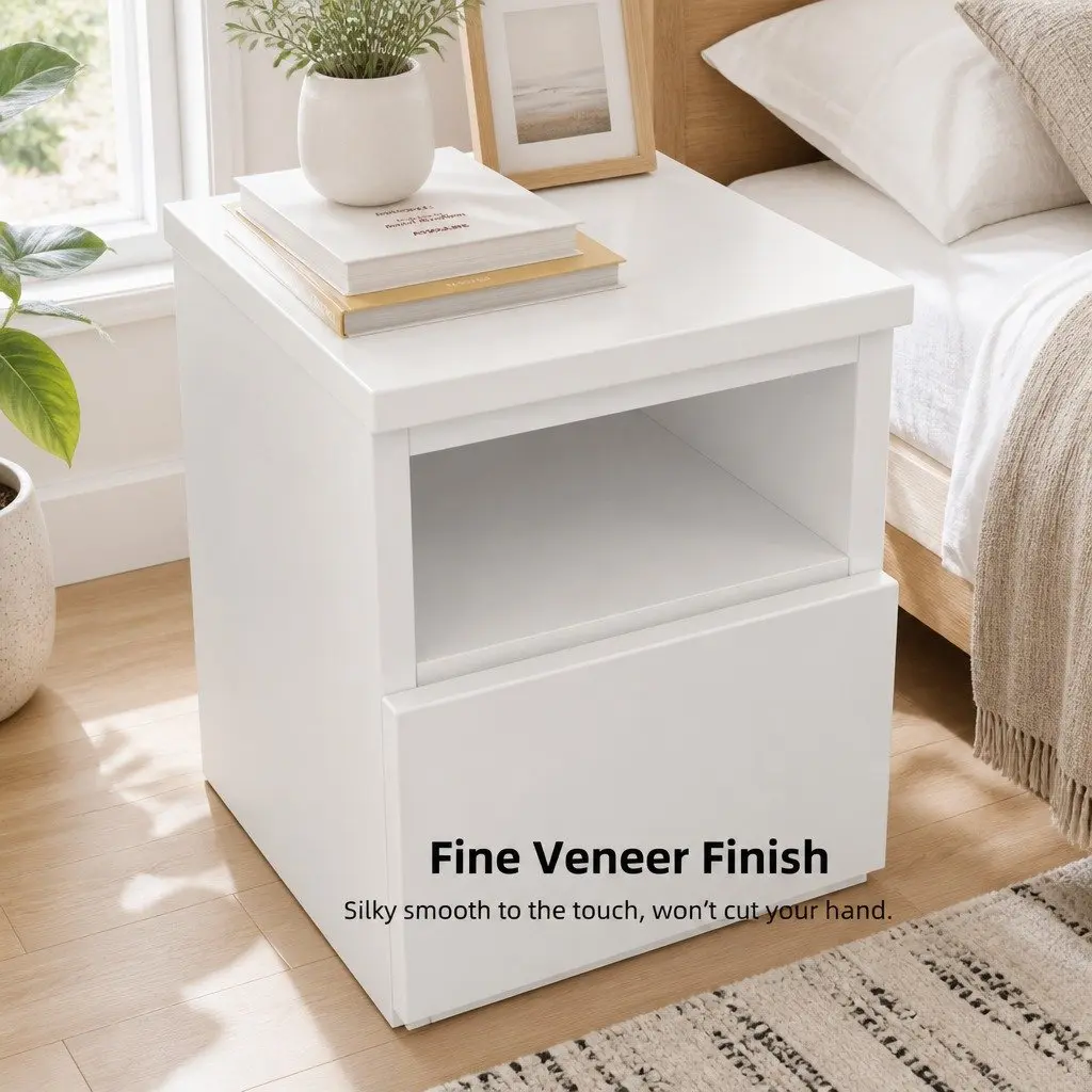 Compact Bedside Table Nightstand in Warm White with Drawer and Shelf 47cm