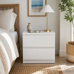 Concise Bedside Table with Two Drawer Storage in Warm White