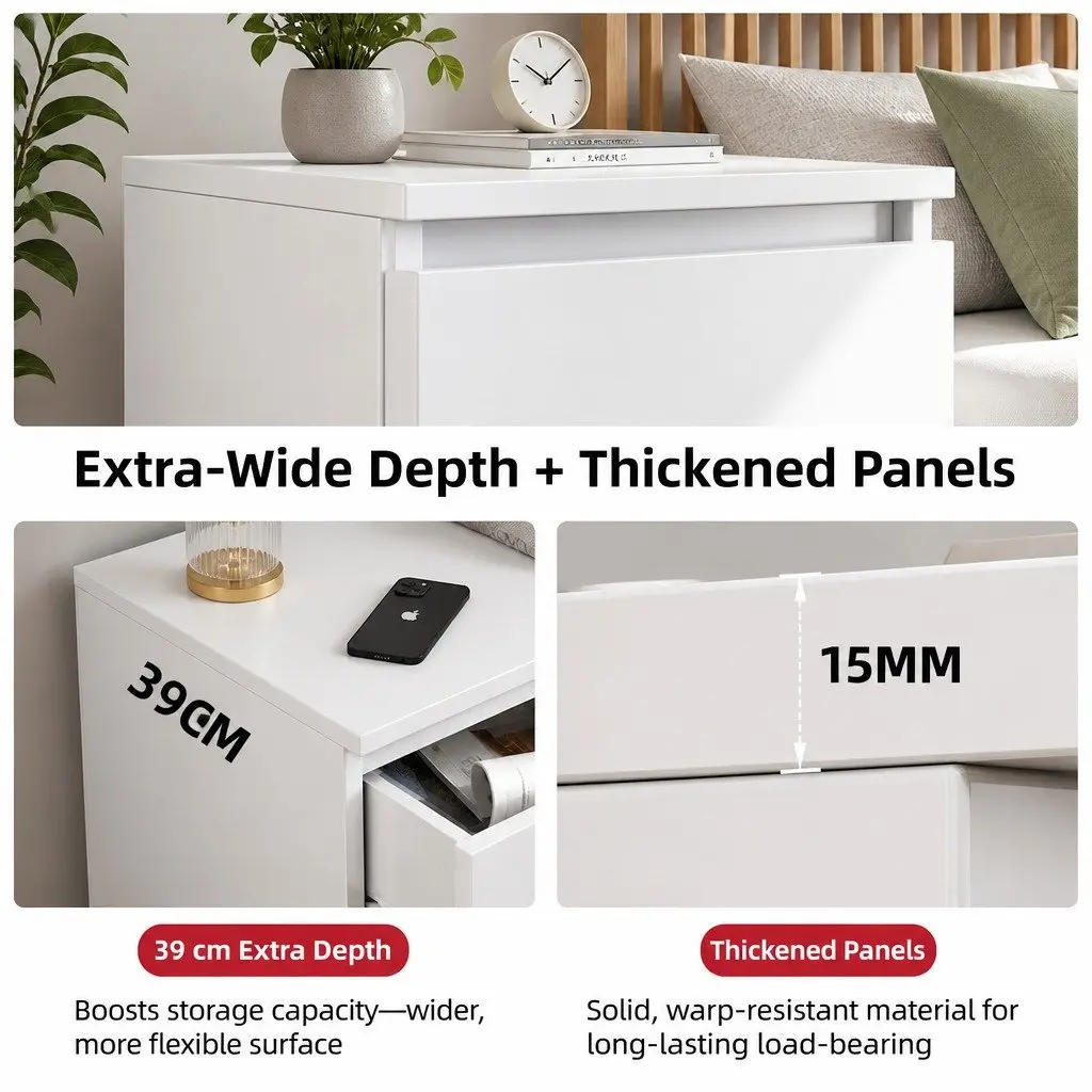 Nightstand Warm White 50x40x30 cm 2 Spacious Drawers
