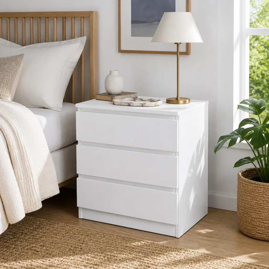 Stylish Warm White Nightstand with 3 Functional Drawers and Sleek Design