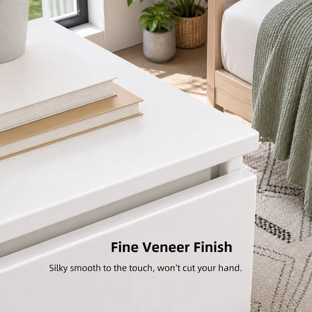Stylish Warm White Nightstand with 3 Functional Drawers and Sleek Design