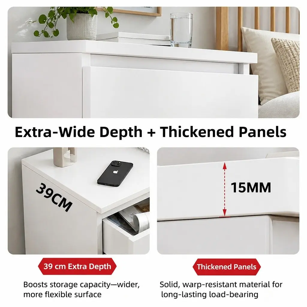 Stylish Warm White Nightstand with 3 Functional Drawers and Sleek Design