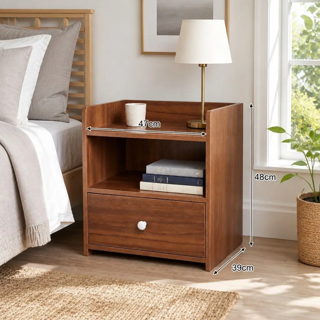Bedside Table Walnut 48cm Drawer Open Shelf Vintage Style
