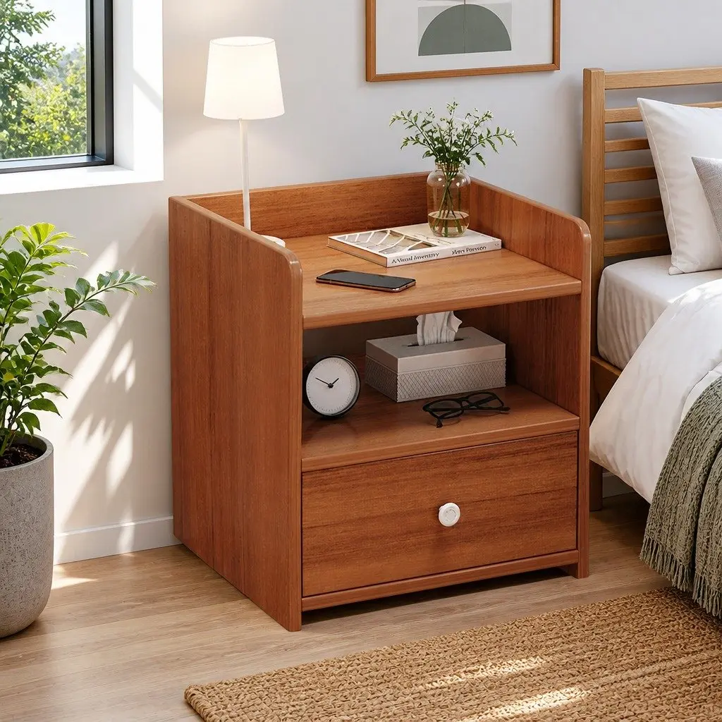 Bedside Table Walnut 48cm Drawer Open Shelf Vintage Style