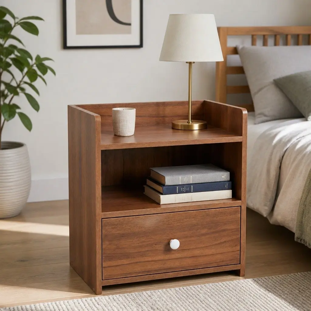 Bedside Table Walnut 48cm Drawer Open Shelf Vintage Style