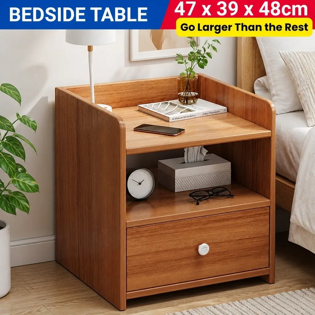 Bedside Table Walnut 48cm Drawer Open Shelf Vintage Style
