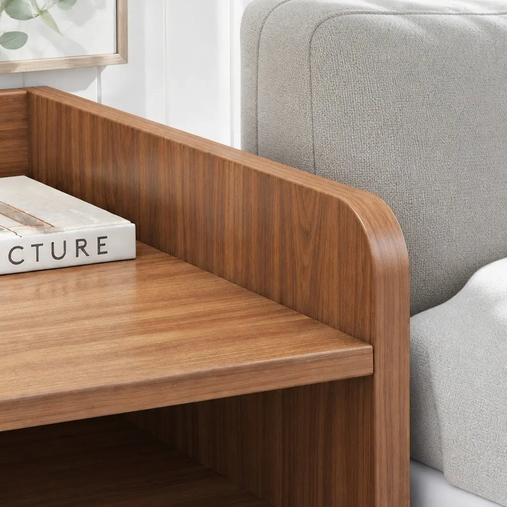Bedside Table Walnut 48cm Drawer Open Shelf Vintage Style