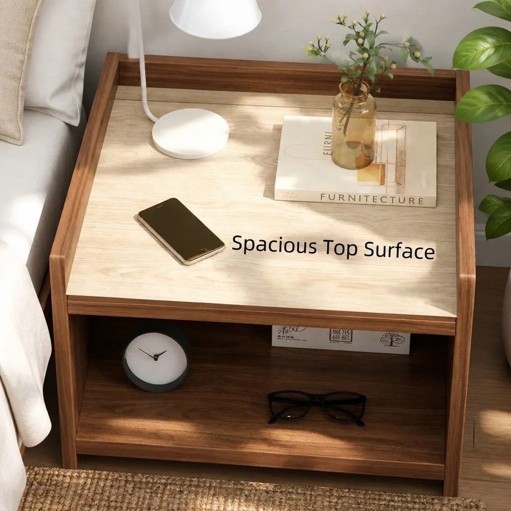 Bedside Table Walnut 48cm Drawer Open Shelf Vintage Style