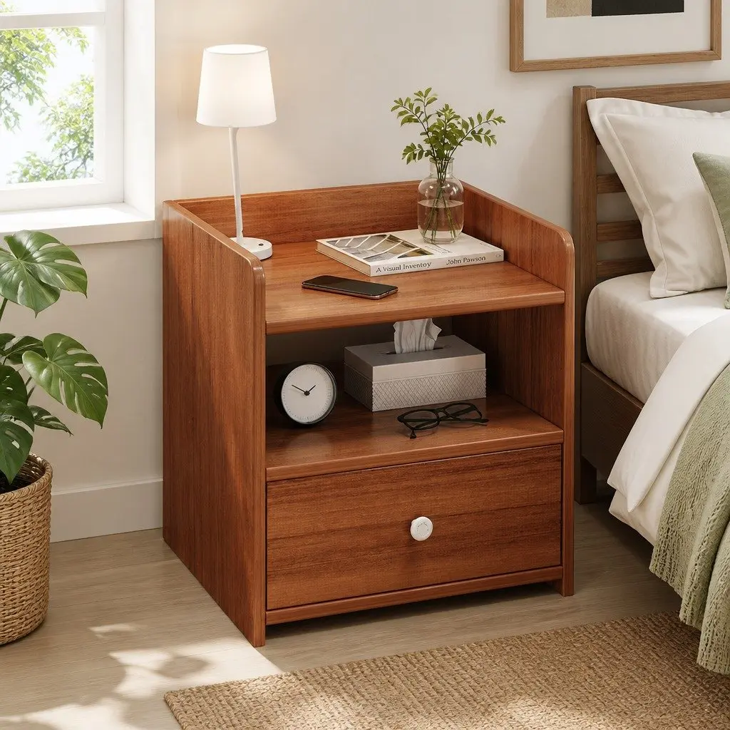 Bedside Table Walnut 48cm Drawer Open Shelf Vintage Style