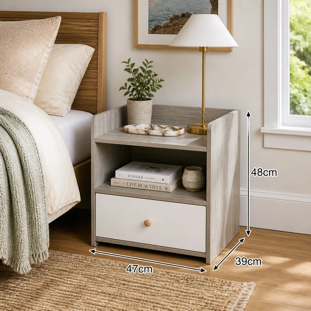 Nightstand Light Gray 48cm Wood Grain with Drawer and Open Tray