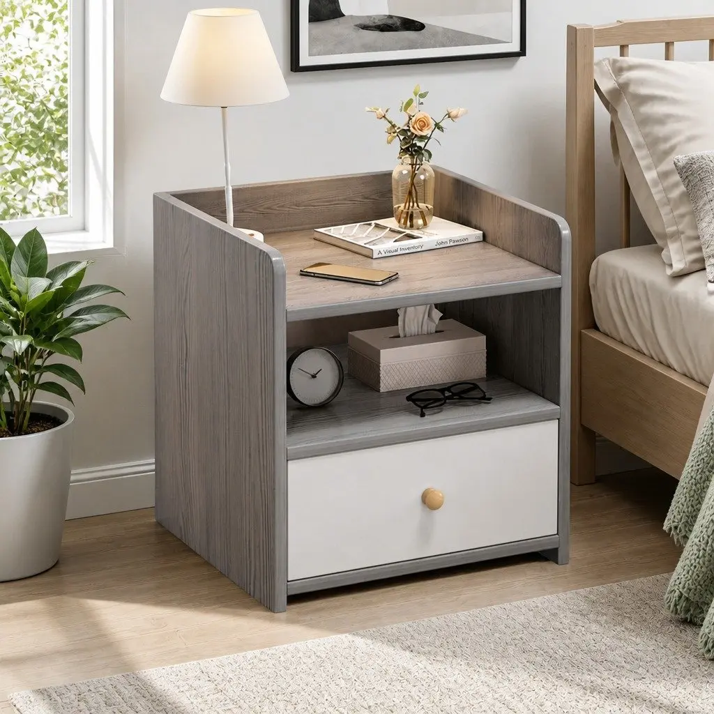 Nightstand Light Gray 48cm Wood Grain with Drawer and Open Tray
