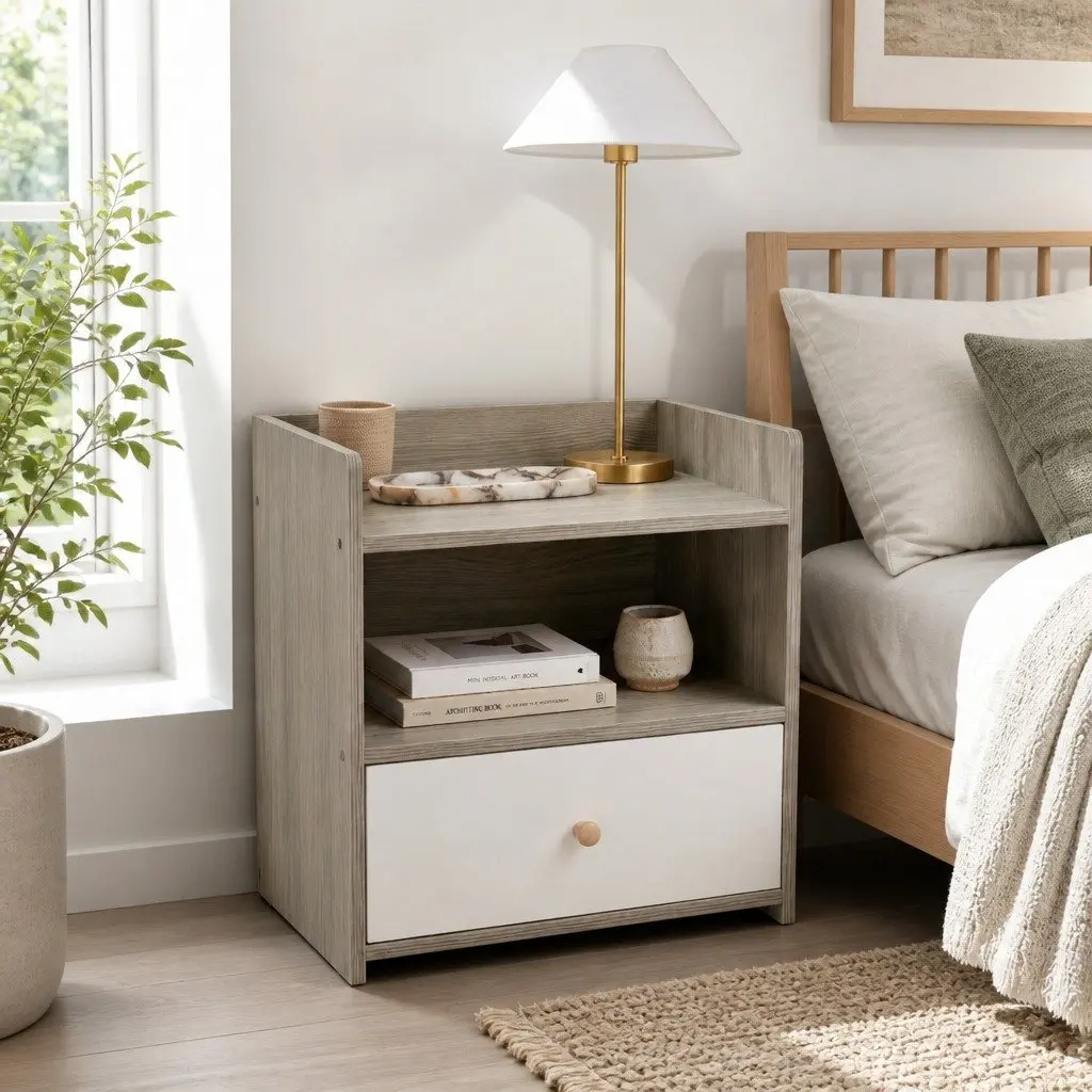Nightstand Light Gray 48cm Wood Grain with Drawer and Open Tray