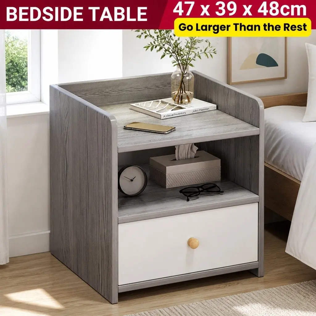 Nightstand Light Gray 48cm Wood Grain with Drawer and Open Tray