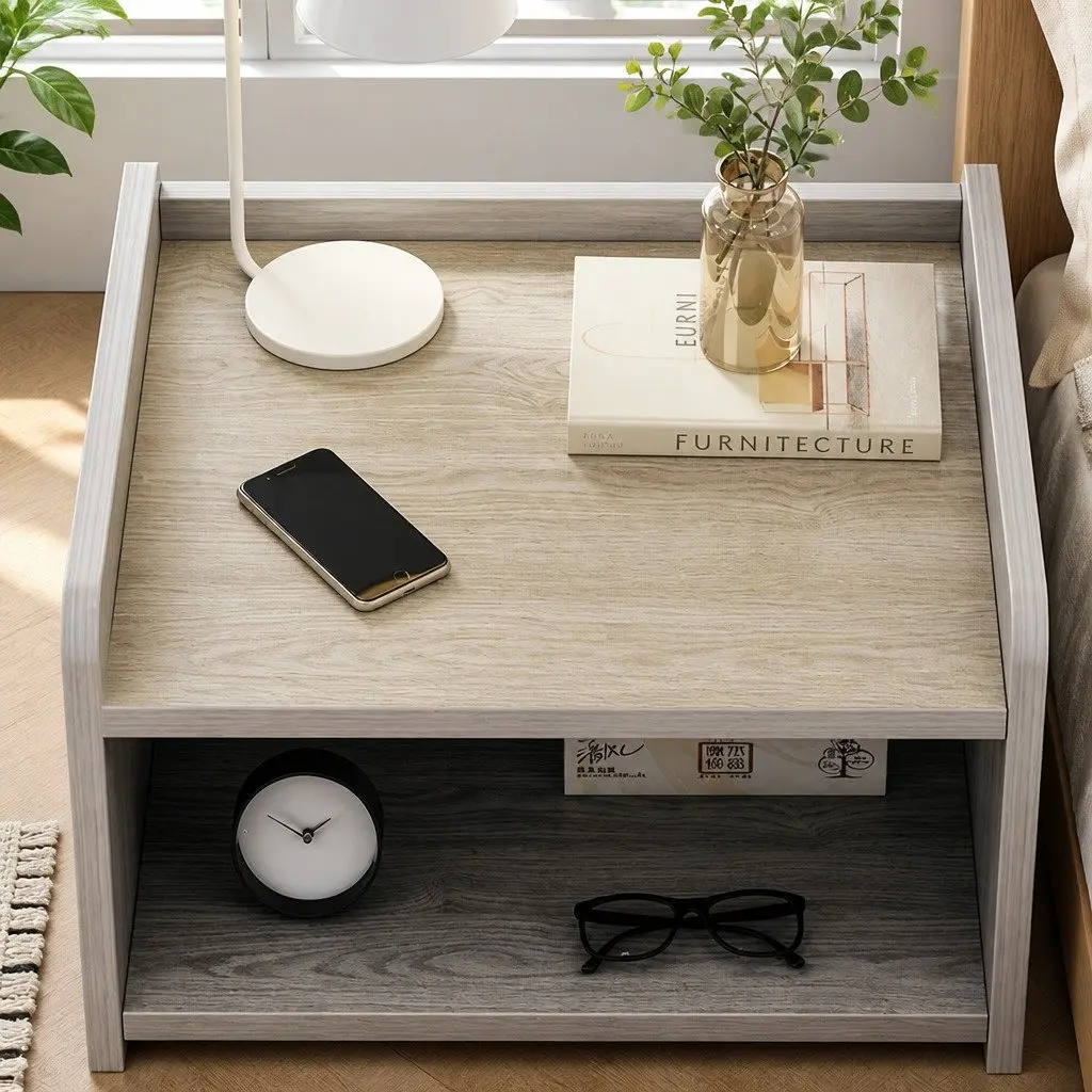 Nightstand Light Gray 48cm Wood Grain with Drawer and Open Tray