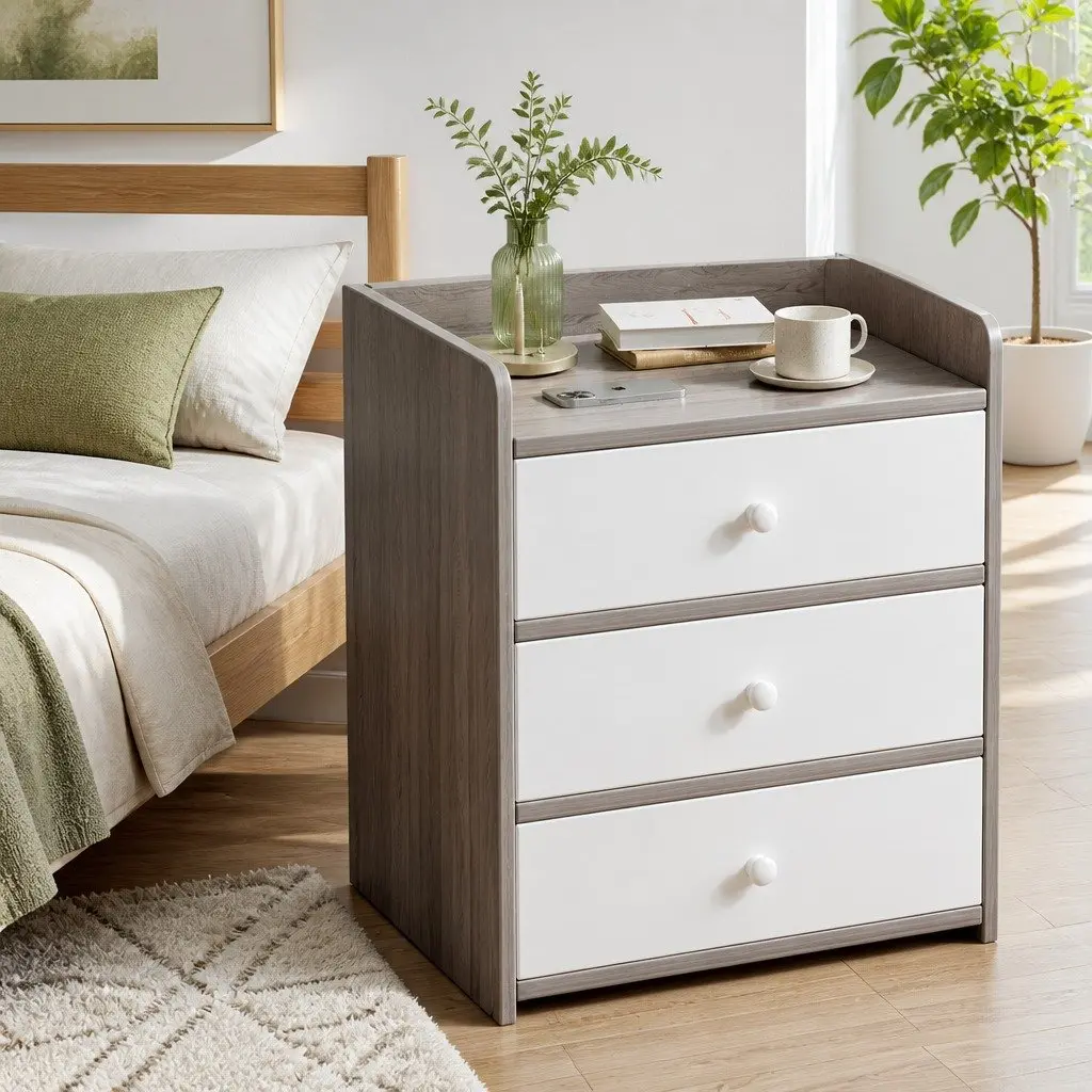 Nightstand Light Gray 48cm Wood Grain with Drawer and Open Tray