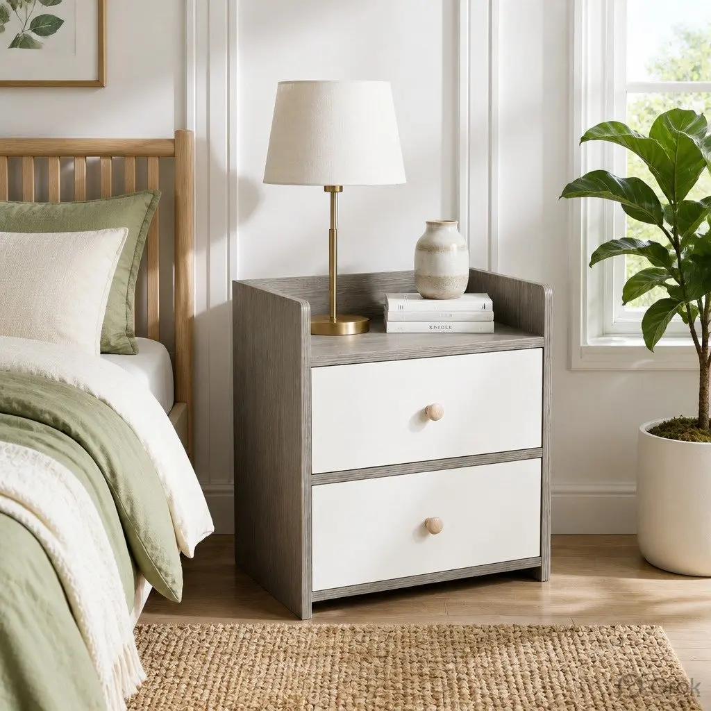 Bedside Table Light Gray White Wooden Three-Drawer Nordic Style with Natural Wooden Knobs