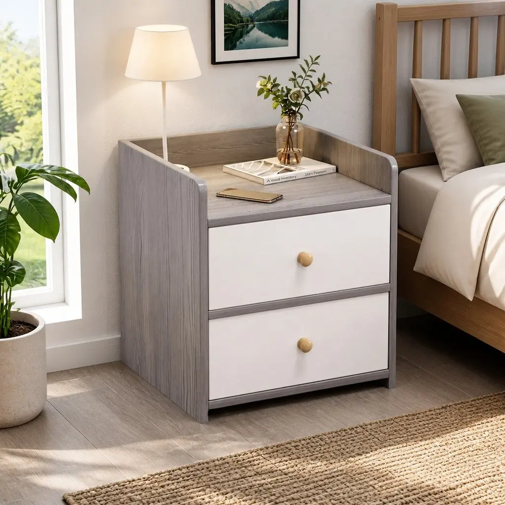 Bedside Table Light Gray White Wooden Three-Drawer Nordic Style with Natural Wooden Knobs