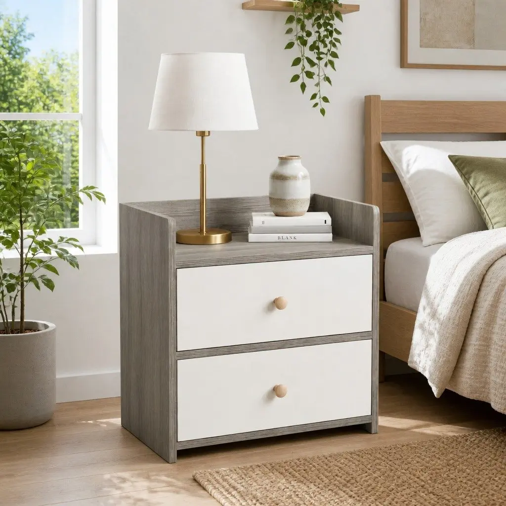 Bedside Table Light Gray White Wooden Three-Drawer Nordic Style with Natural Wooden Knobs