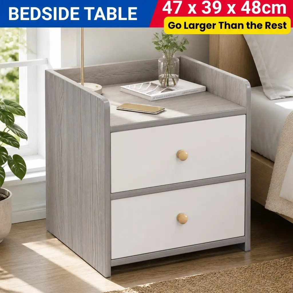 Bedside Table Light Gray White Wooden Three-Drawer Nordic Style with Natural Wooden Knobs