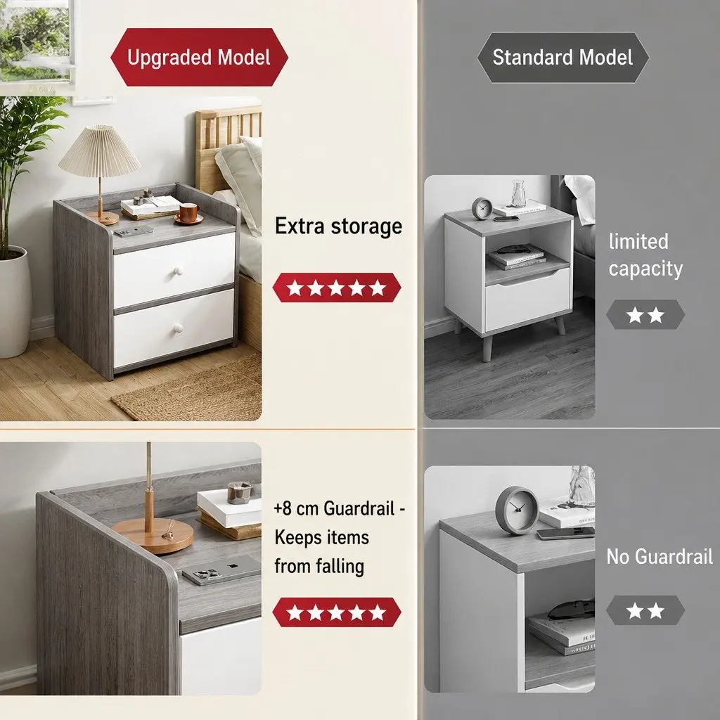 Bedside Table Light Gray White Wooden Three-Drawer Nordic Style with Natural Wooden Knobs