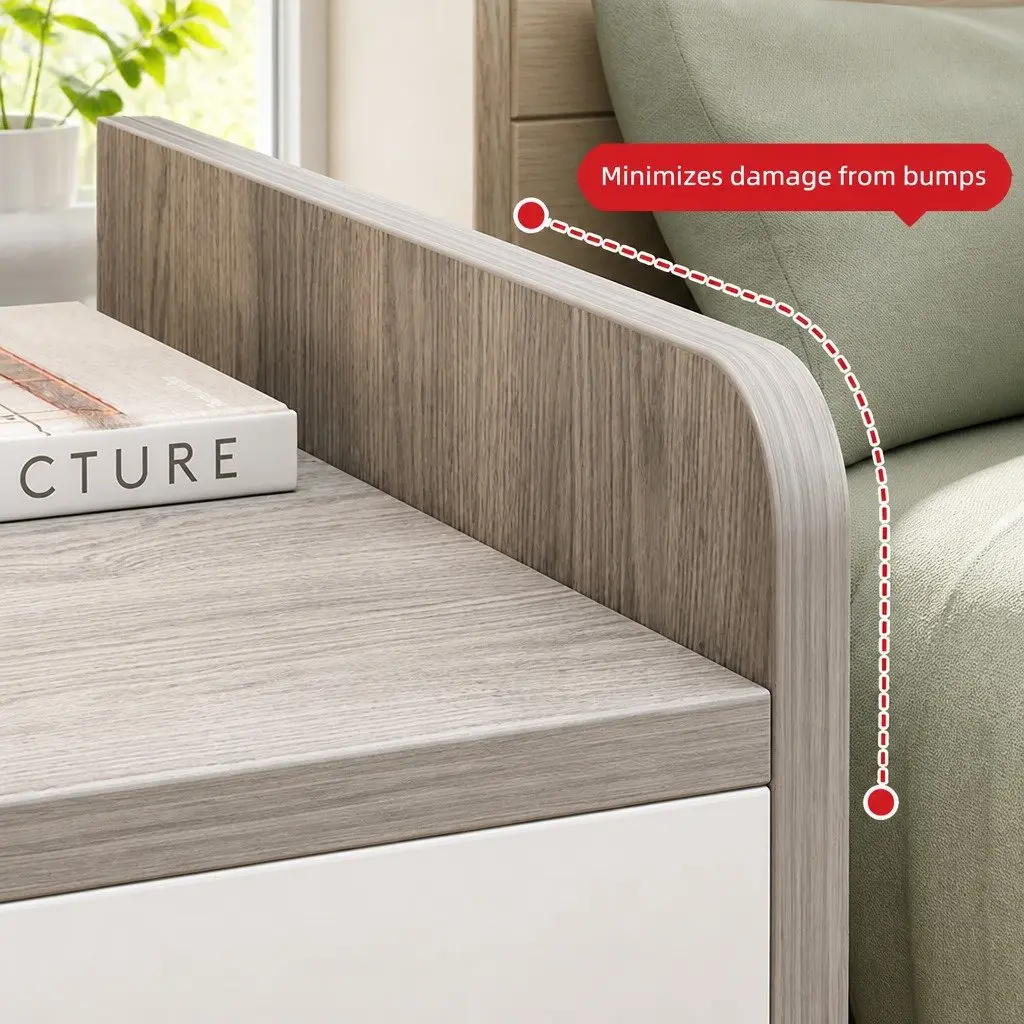 Bedside Table Light Gray White Wooden Three-Drawer Nordic Style with Natural Wooden Knobs