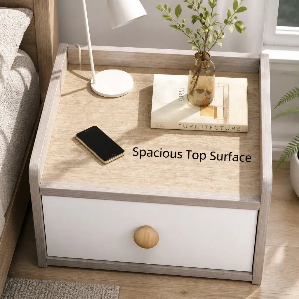 Bedside Table Light Gray White Wooden Three-Drawer Nordic Style with Natural Wooden Knobs