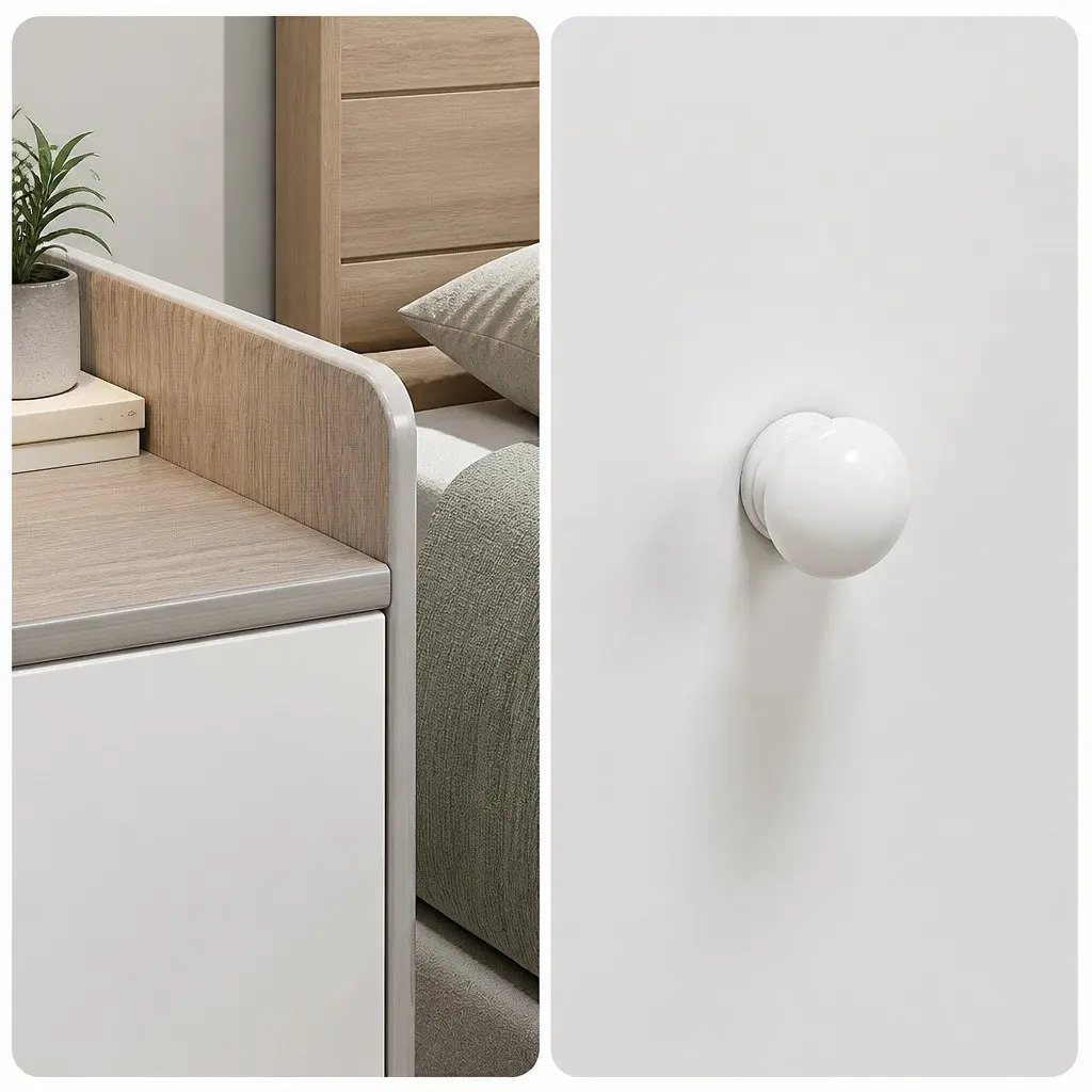 Bedside Table Light Gray White Wooden Three-Drawer Nordic Style with Natural Wooden Knobs