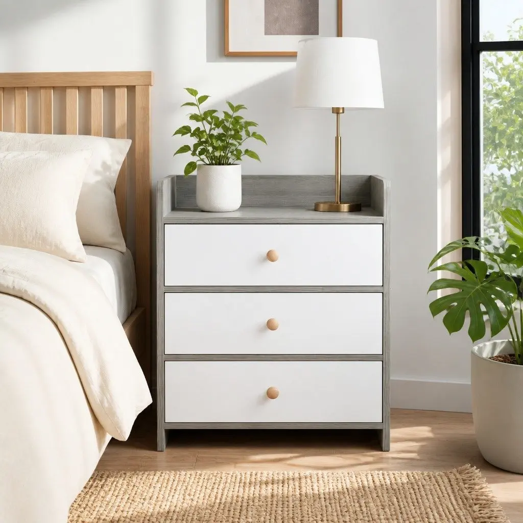 Bedside Table Nightstand 3 Drawer Storage Wood Grain Light Gray Bedroom