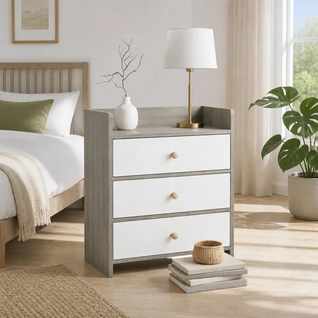 Bedside Table Nightstand 3 Drawer Storage Wood Grain Light Gray Bedroom