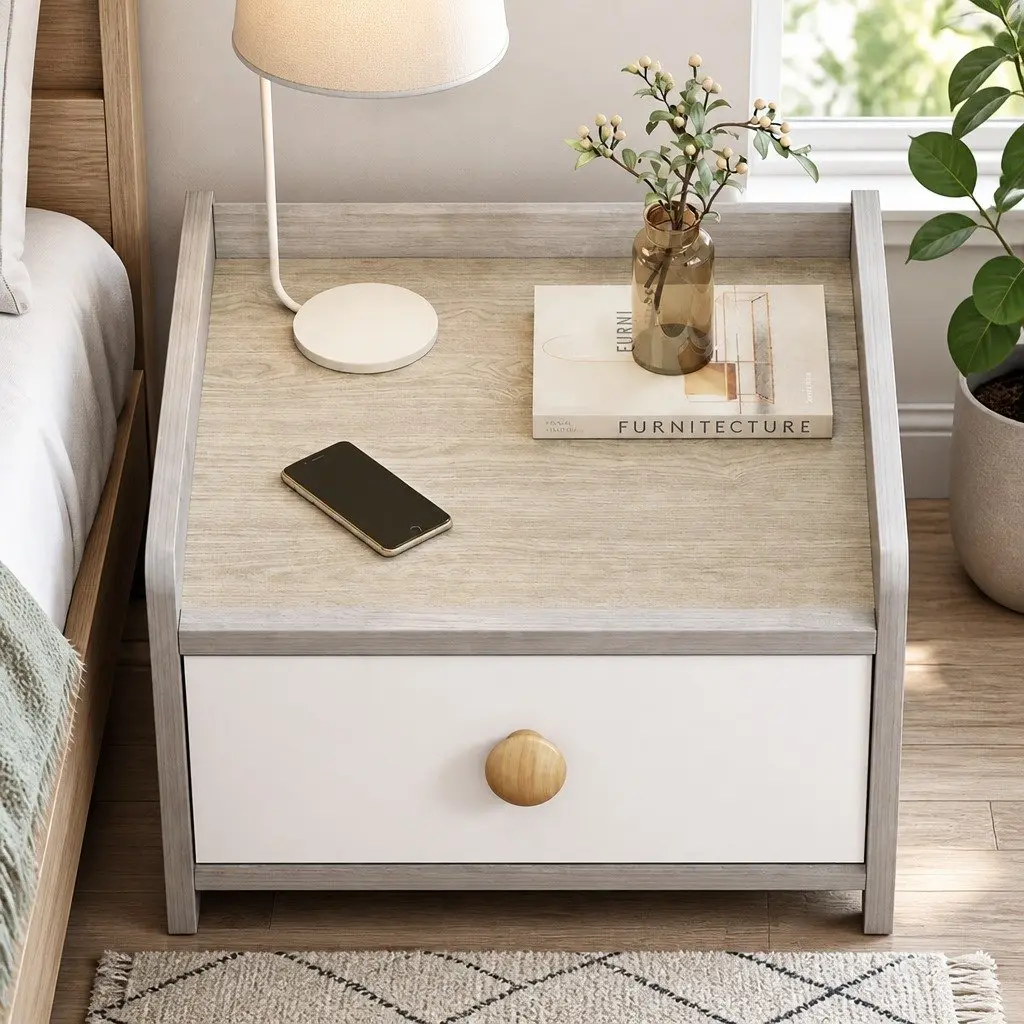 Bedside Table Nightstand 3 Drawer Storage Wood Grain Light Gray Bedroom