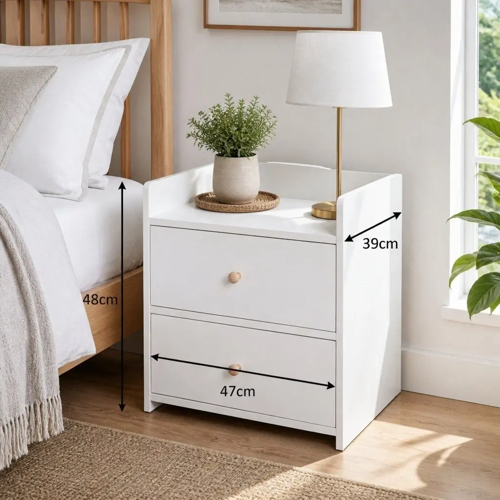 Bedside Table Warm White 47 cm 2 Drawers Open Tray