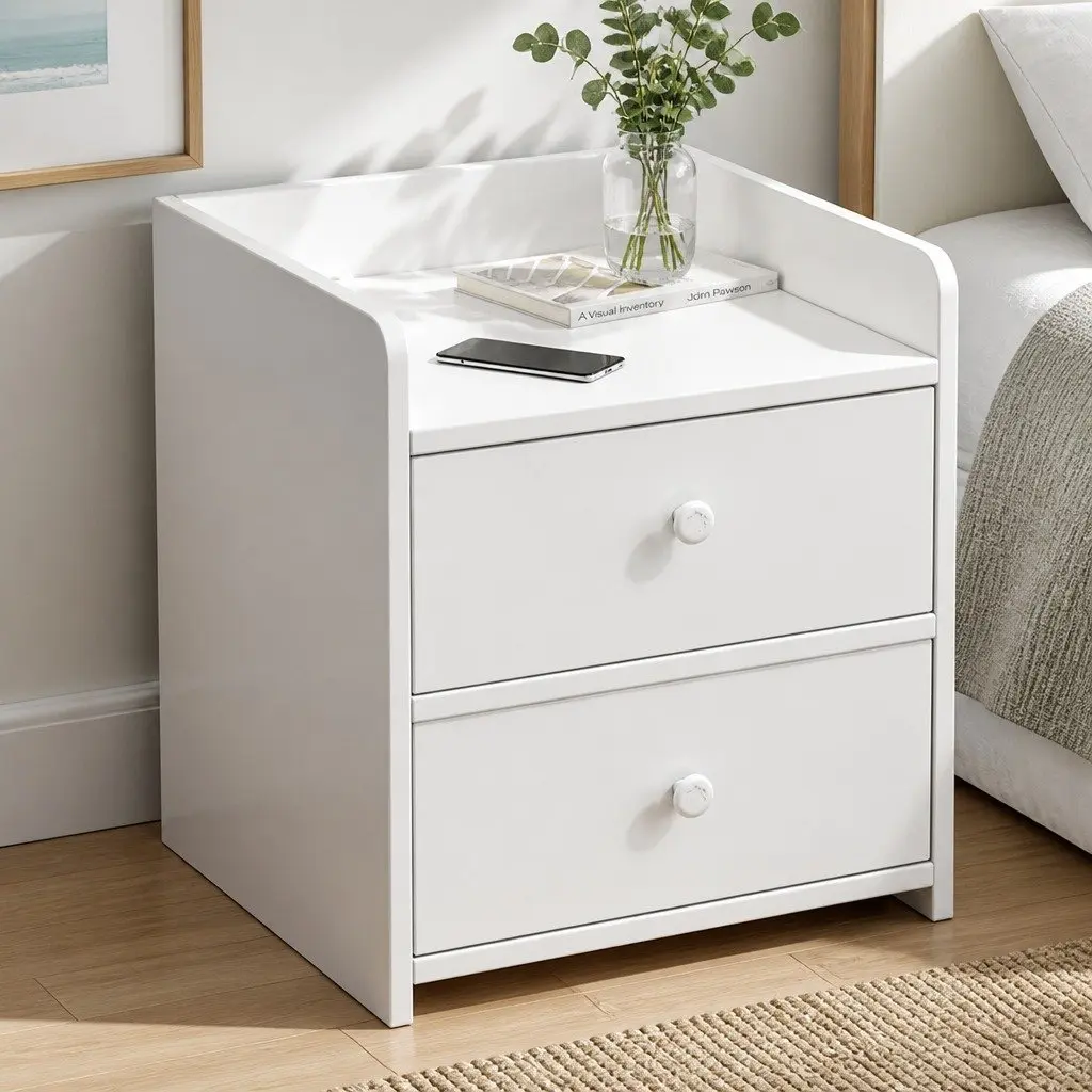 Bedside Table Warm White 47 cm 2 Drawers Open Tray
