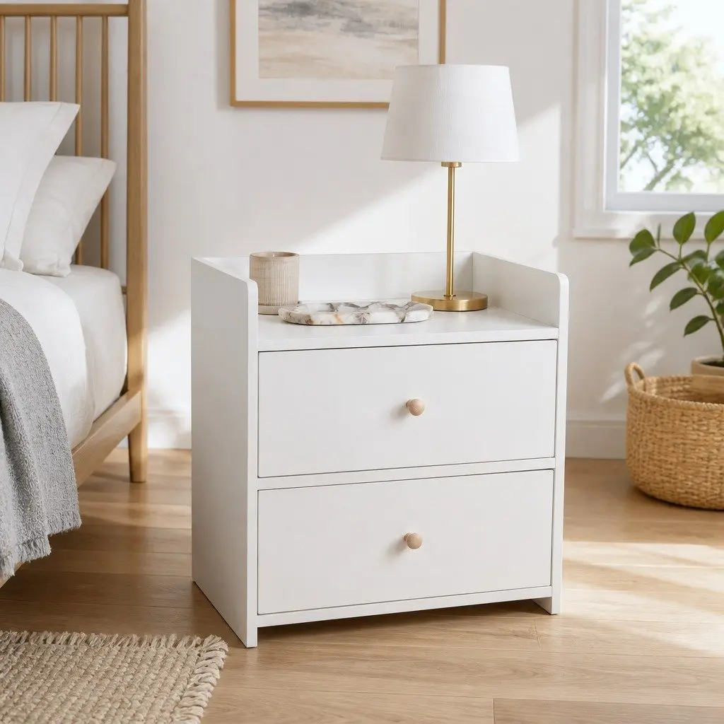 Bedside Table Warm White 47 cm 2 Drawers Open Tray