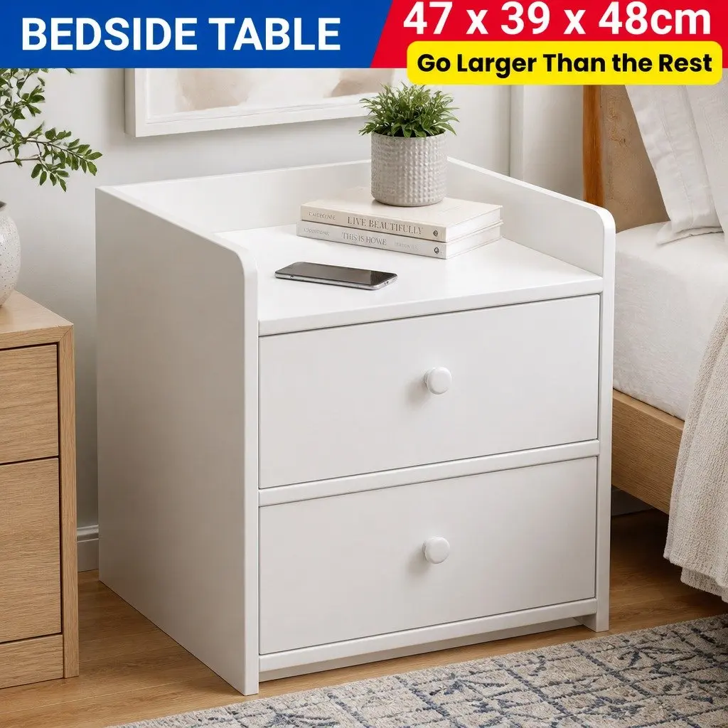 Bedside Table Warm White 47 cm 2 Drawers Open Tray