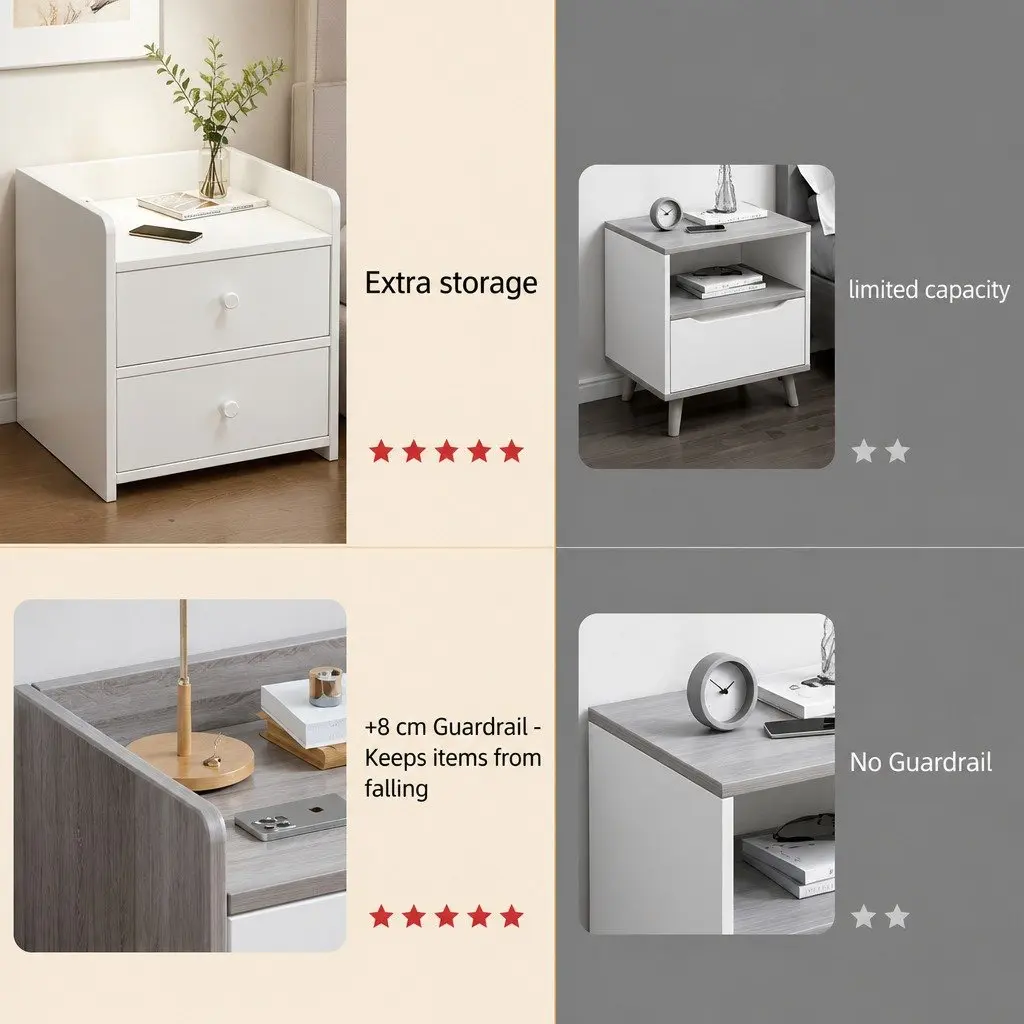 Bedside Table Warm White 47 cm 2 Drawers Open Tray