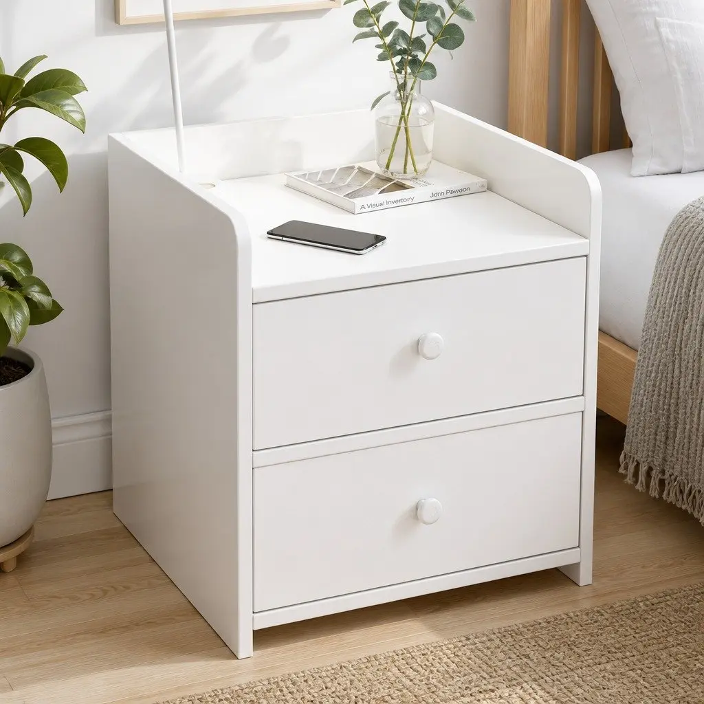 Bedside Table Warm White 47 cm 2 Drawers Open Tray