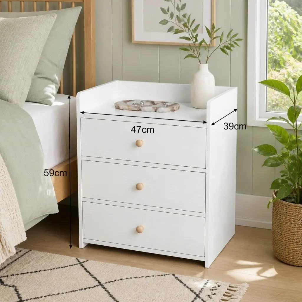 Bedside Table Warm White 47cm x 59cm 3 Drawers with Tray Top