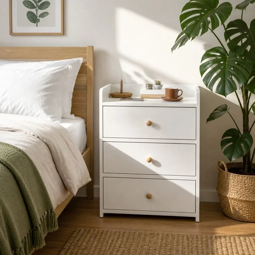 Bedside Table Warm White 47cm x 59cm 3 Drawers with Tray Top